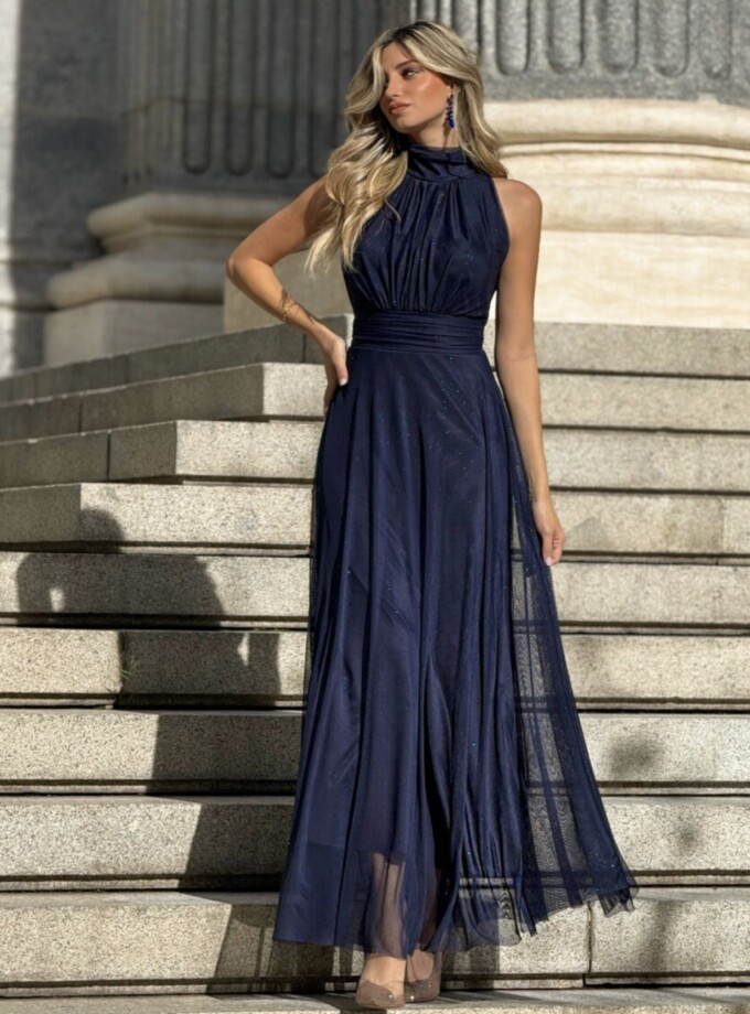 Vestido Tul Basic Halter Brillos - Azul Marino, Talla única