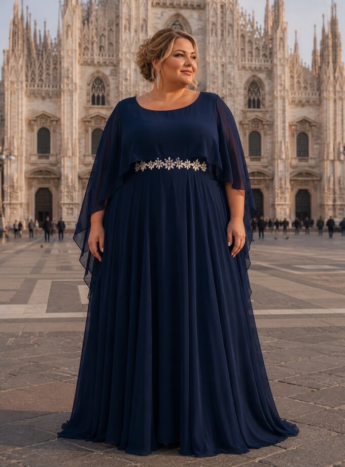 Vestido Capa Larga Aplique Brillos Curvy