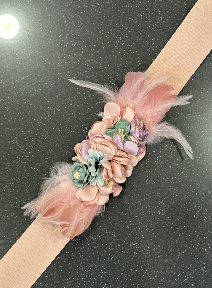 Cinturón Floral Elástico Plumas Rosa