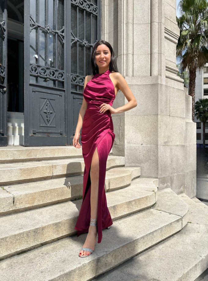 Vestido Seda Halter Drapeado - Granate, Talla única