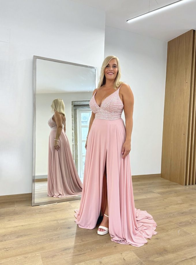 Vestido Gasa Brillos Pecho