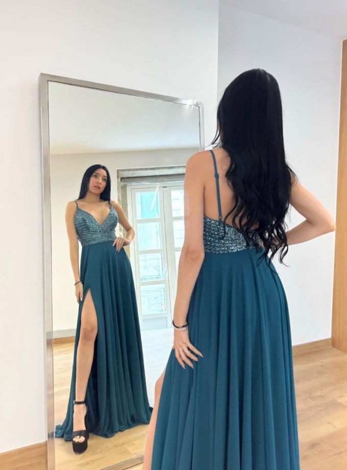 Vestido Gasa Brillos Pecho