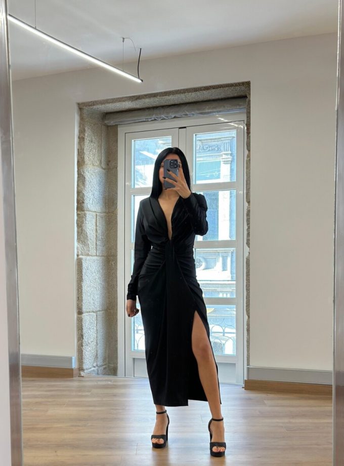 Vestido Seda Escote Nudo Mangas