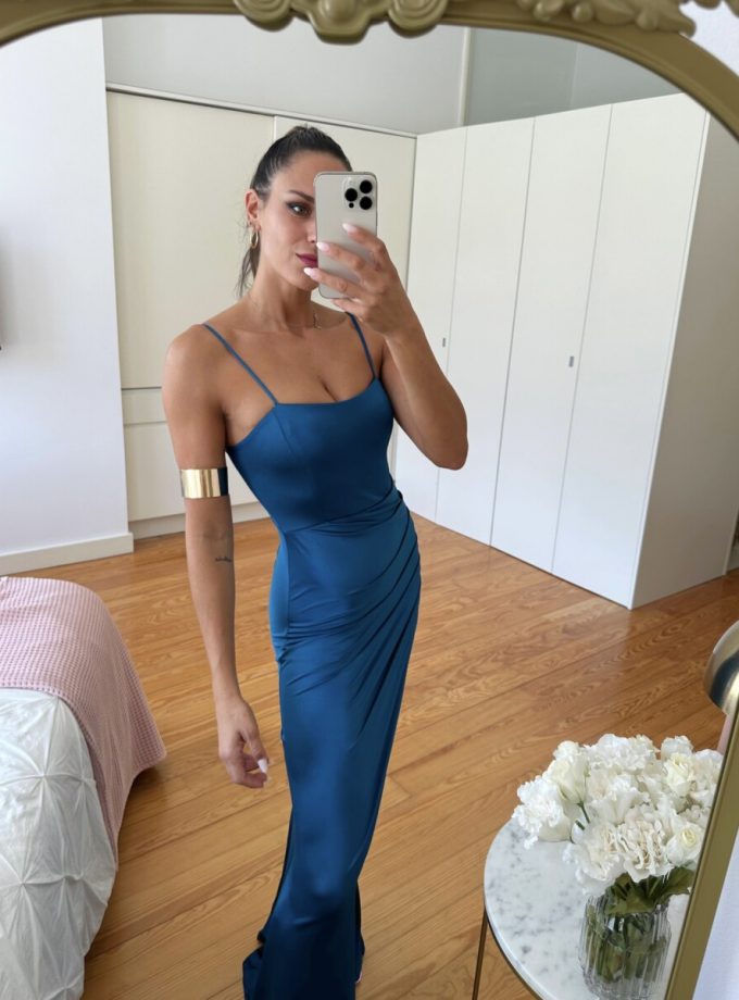 Vestido Seda Elástico Drapeado Espalda escote recto