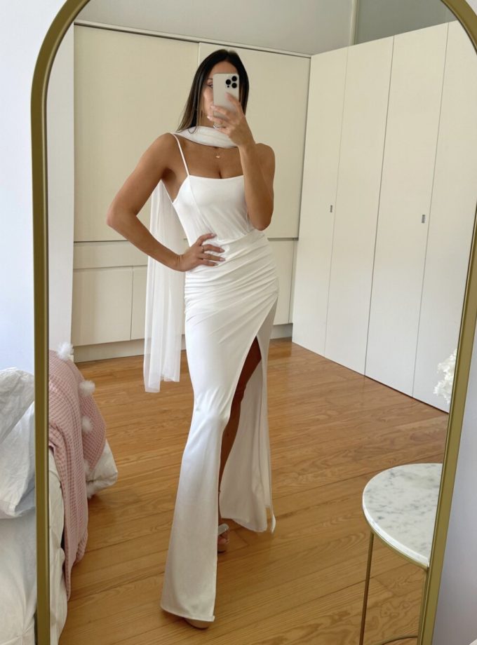 Vestido Seda Elástico Drapeado Espalda Novia