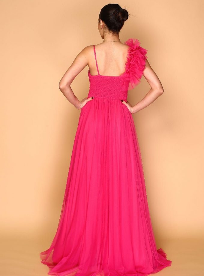 Vestido Tul Abertura Hombro Brillo