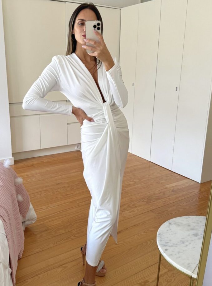 Vestido Seda Escote Nudo Mangas Novia