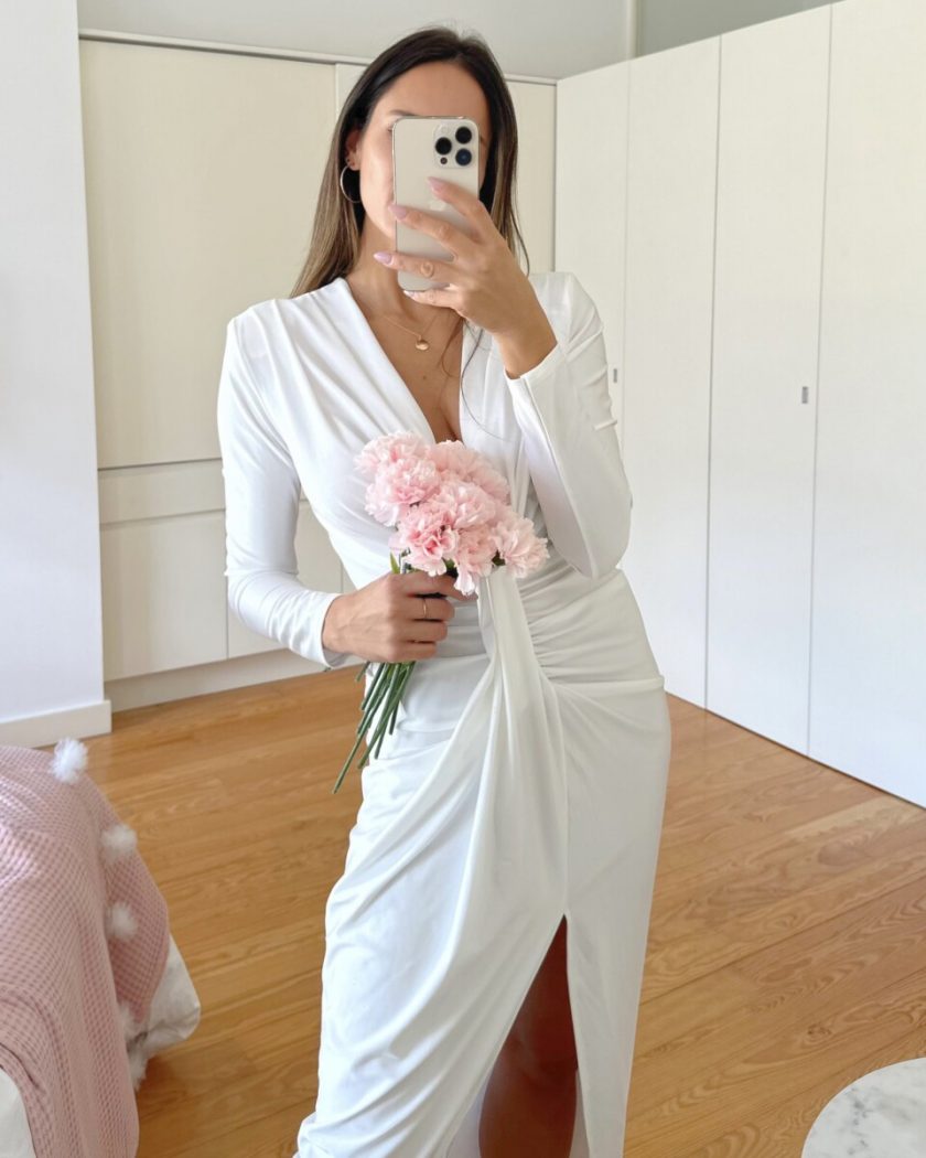 Vestido Seda Escote Nudo Mangas Novia - Imagen 4