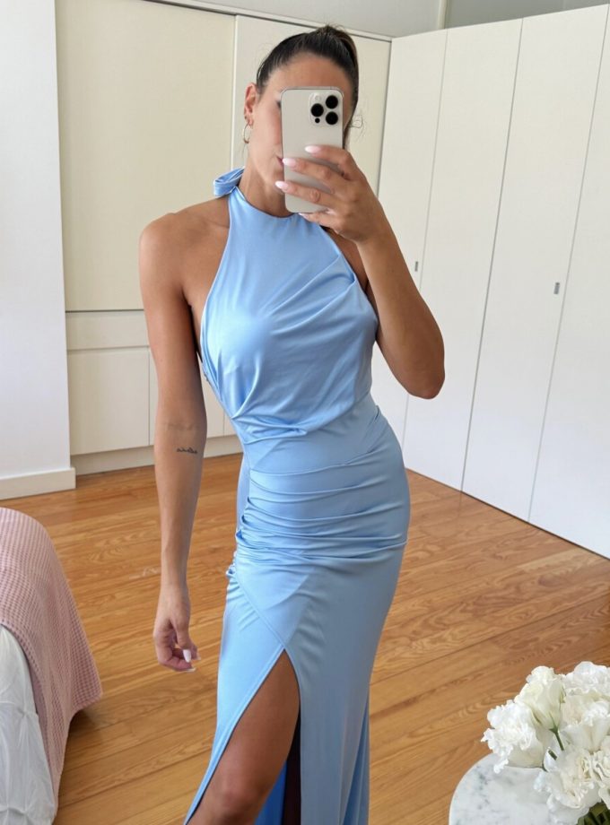 Vestido Seda Halter Drapeado