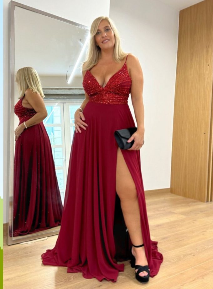 Vestido Gasa Brillos Pecho