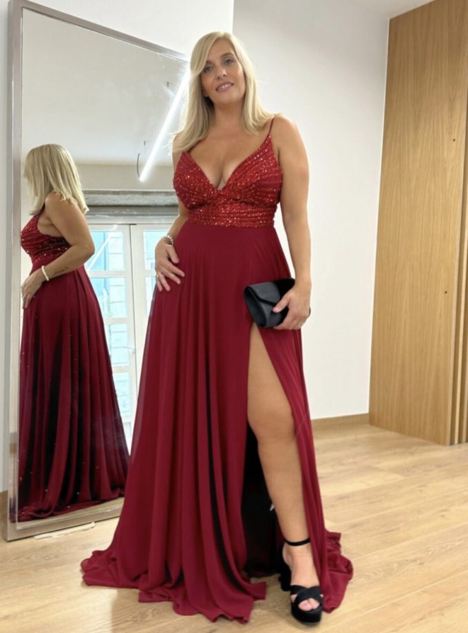 Vestido Gasa Brillos Pecho