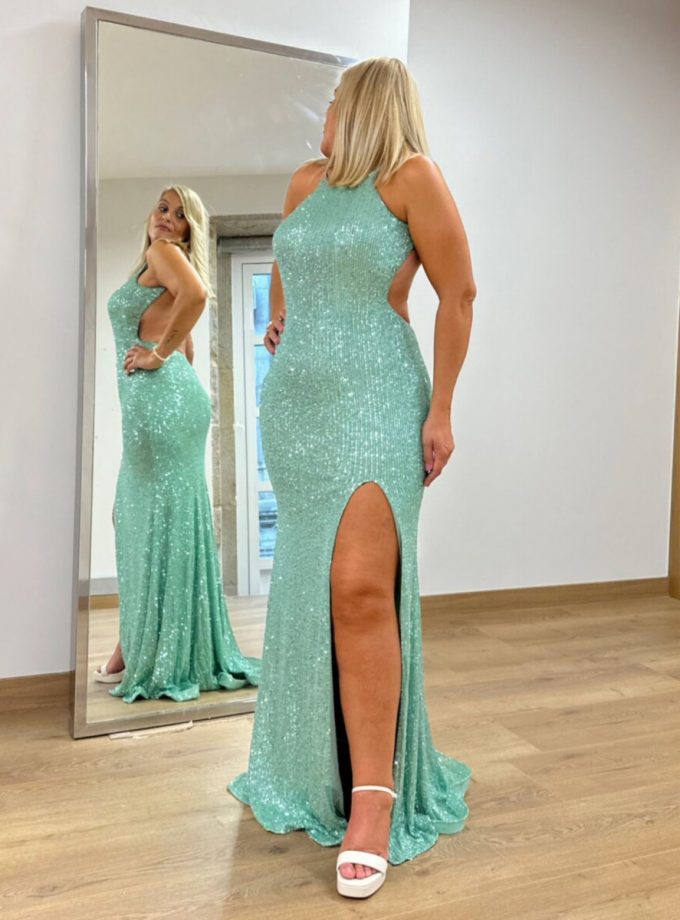 Vestido Lentejuelas Halter Abertura