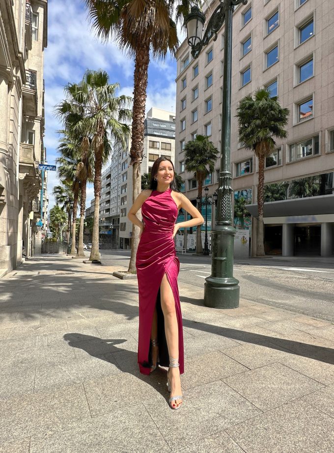 Vestido Seda Halter Drapeado