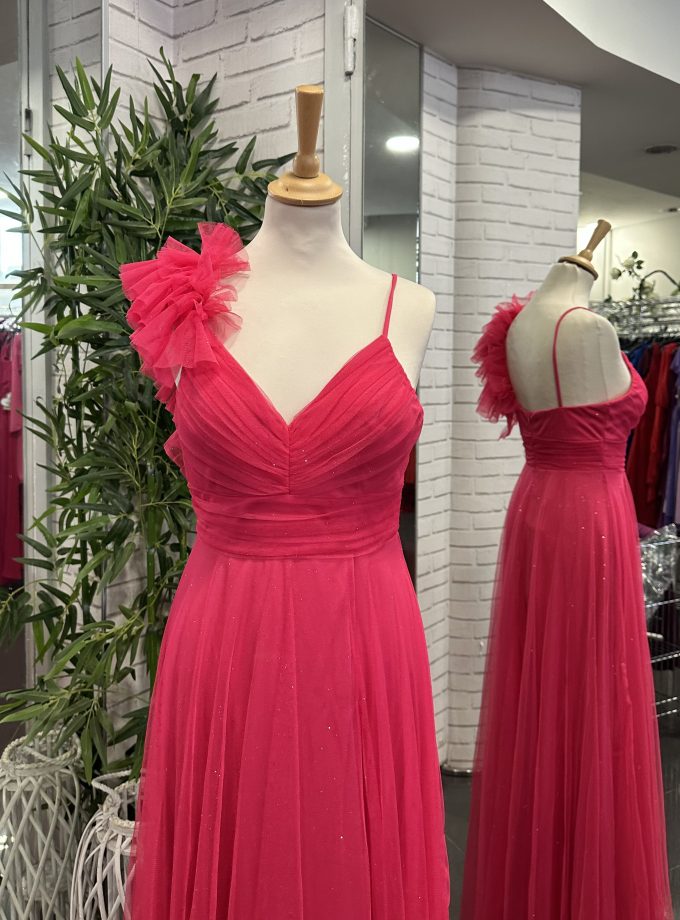 Vestido Tul Abertura Hombro Brillo