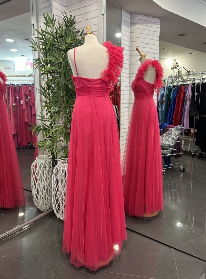 Vestido Tul Abertura Hombro Brillo