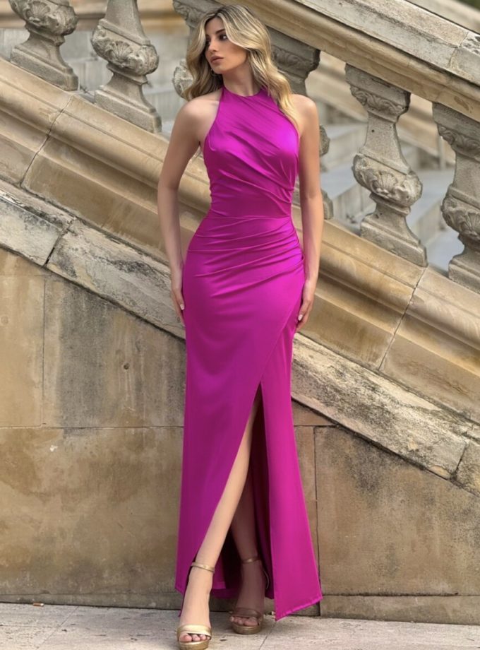 Vestido Seda Halter Drapeado