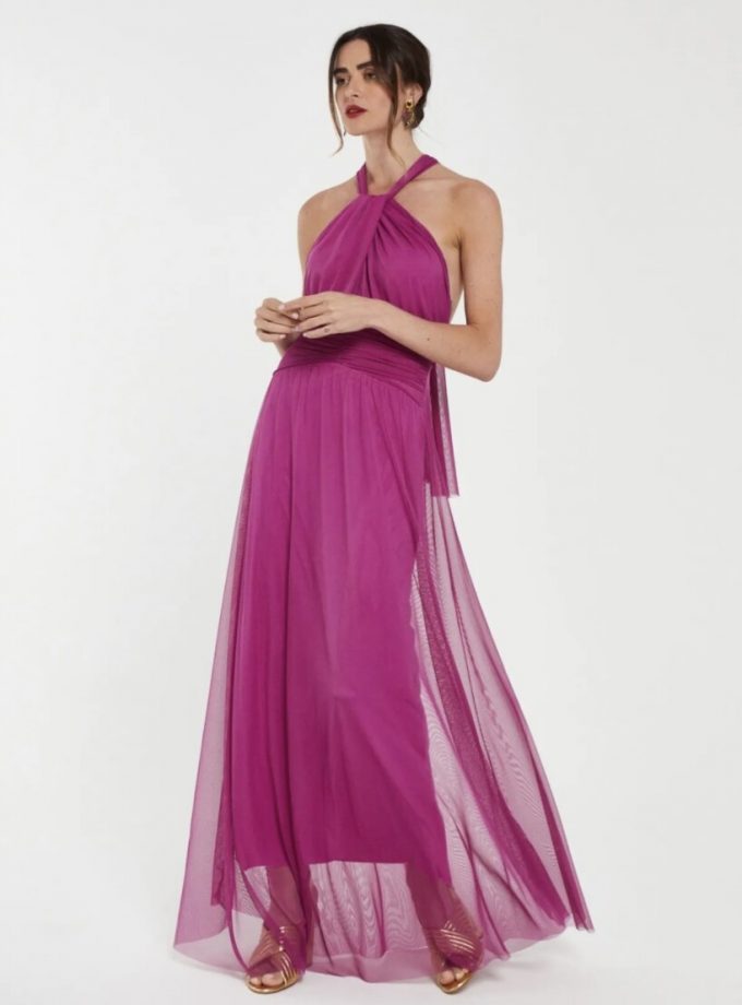 Vestido Tul Halter Abertura Pecho