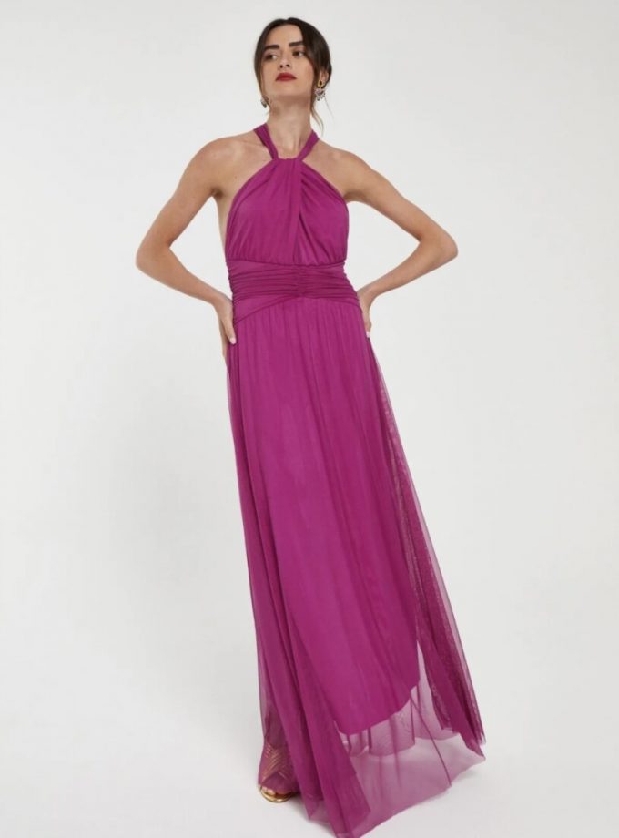 Vestido Tul Halter Abertura Pecho