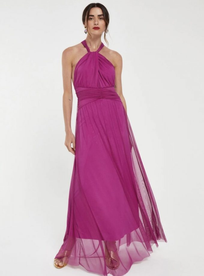 Vestido Tul Halter Abertura Pecho