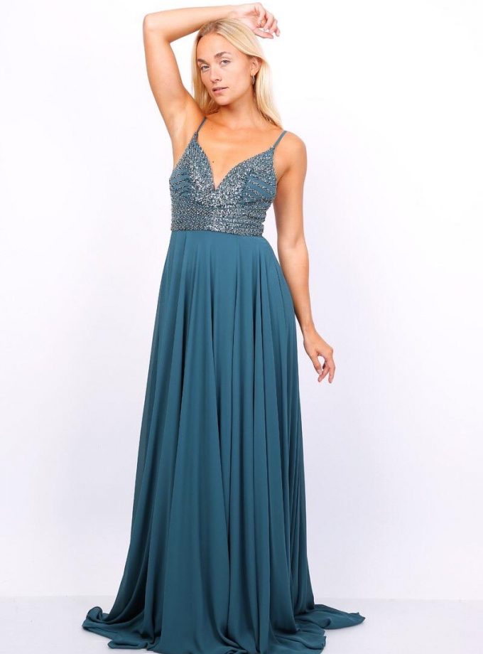 Vestido Gasa Brillos Pecho