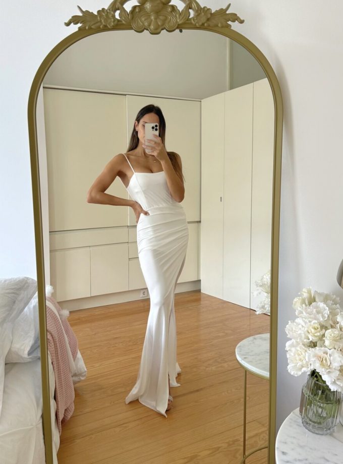 Vestido Seda Elástico Drapeado Espalda Novia