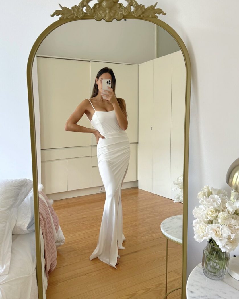 Vestido Seda Elástico Drapeado Espalda Novia - Imagen 31