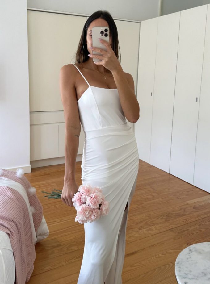 Vestido Seda Elástico Drapeado Espalda Novia