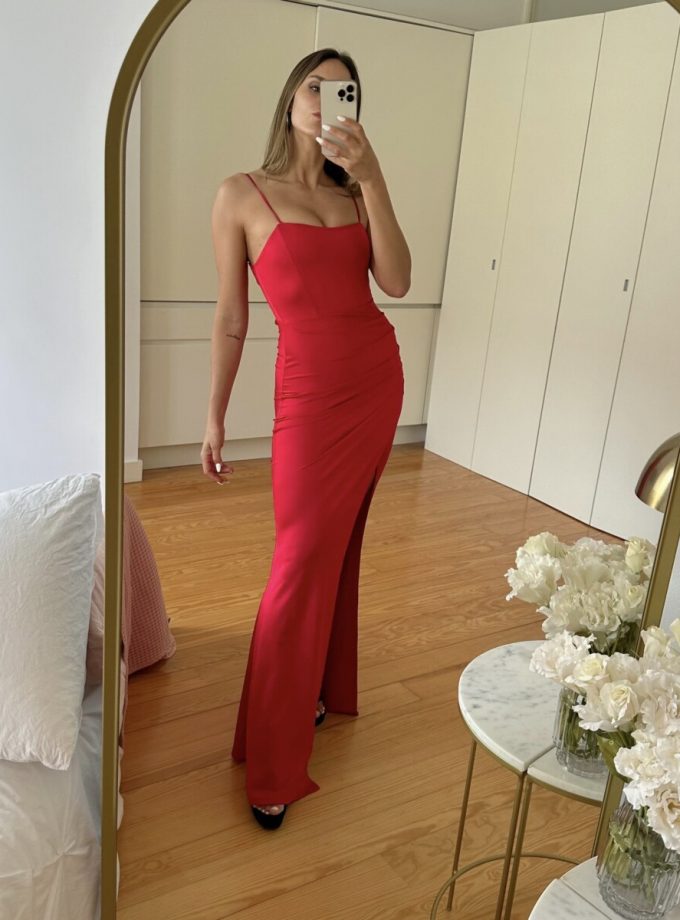 Vestido Seda Elástico Drapeado Espalda