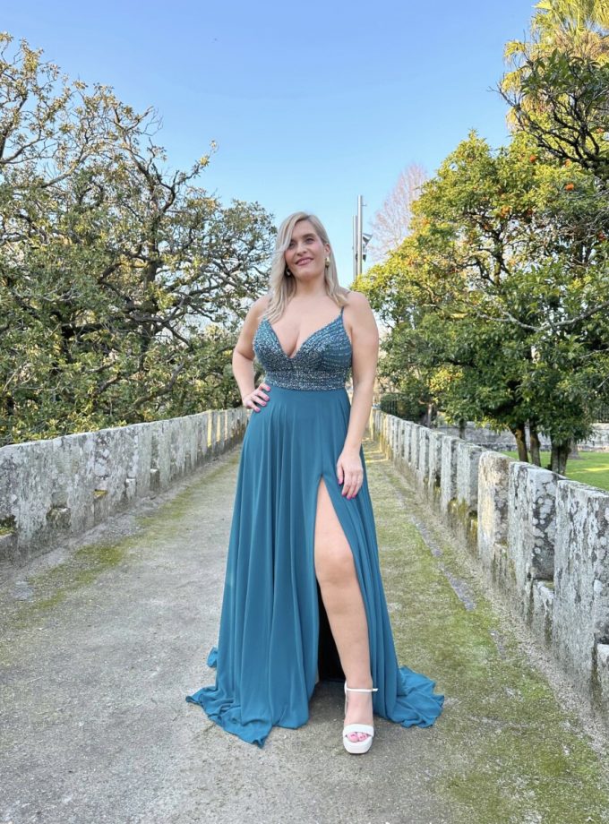 Vestido Gasa Brillos Pecho