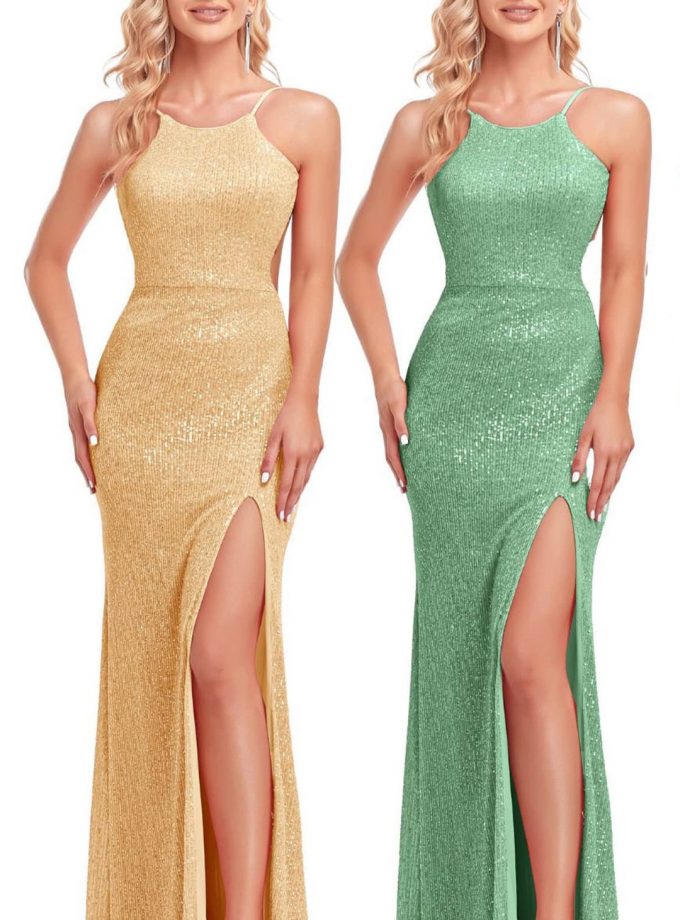 Vestido Lentejuelas Halter Abertura