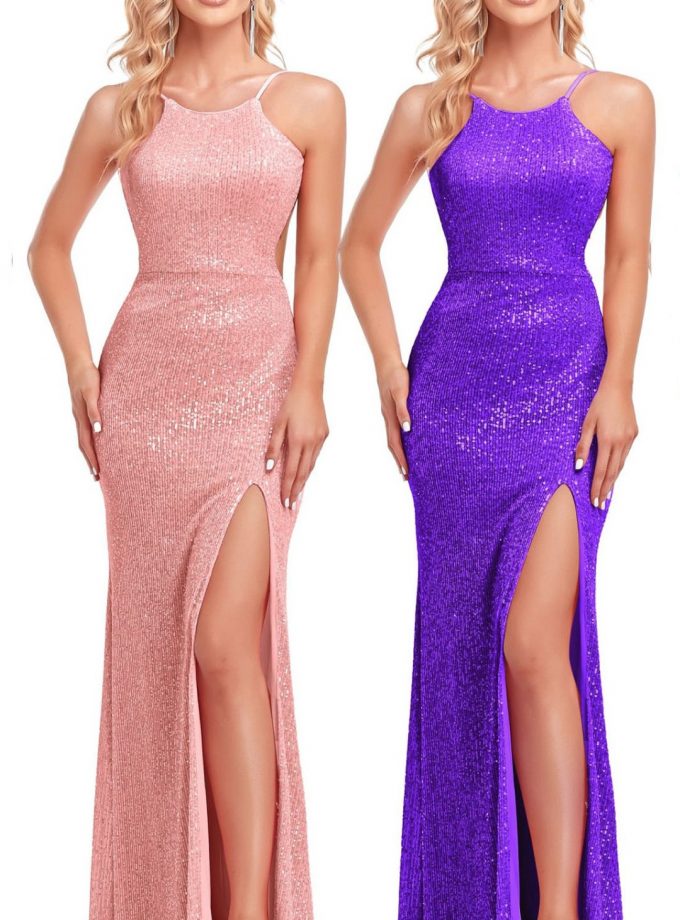 Vestido Lentejuelas Halter Abertura