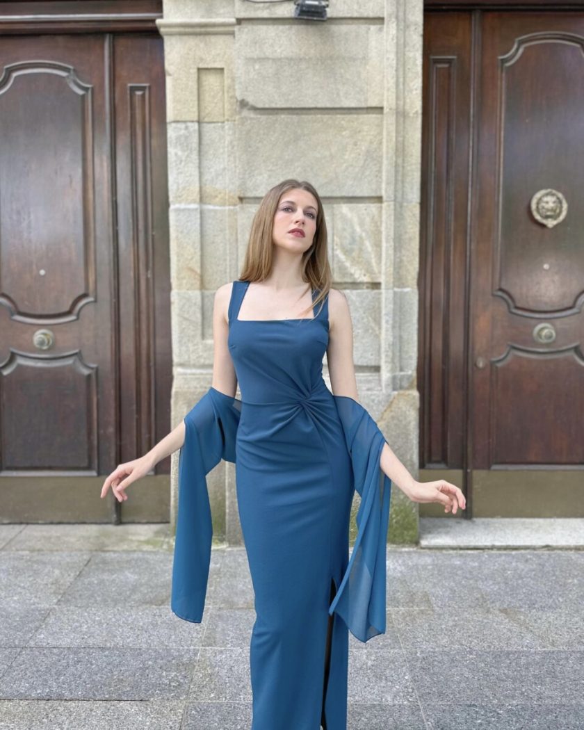 Vestido Escote Cuadrado Chal Mangas - Imagen 10