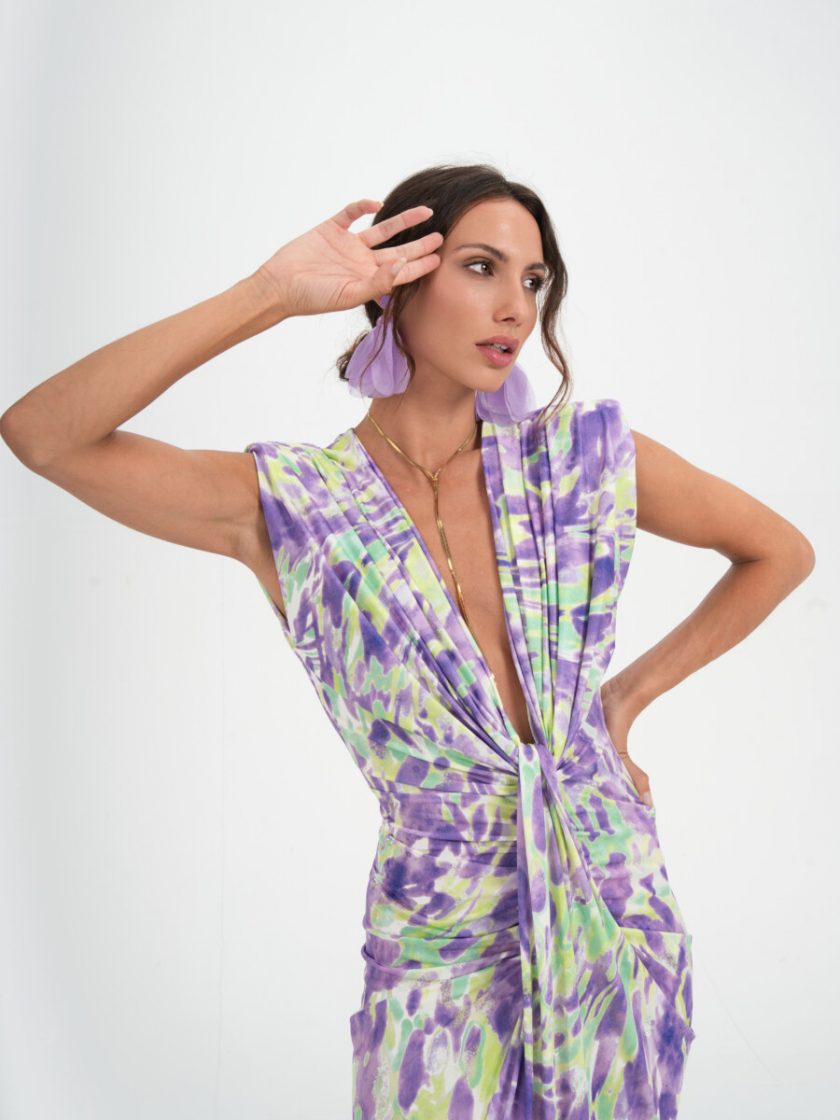 Vestido Seda Escote Nudo Estampado