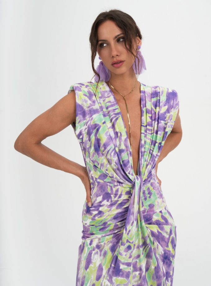 Vestido Seda Escote Nudo Estampado