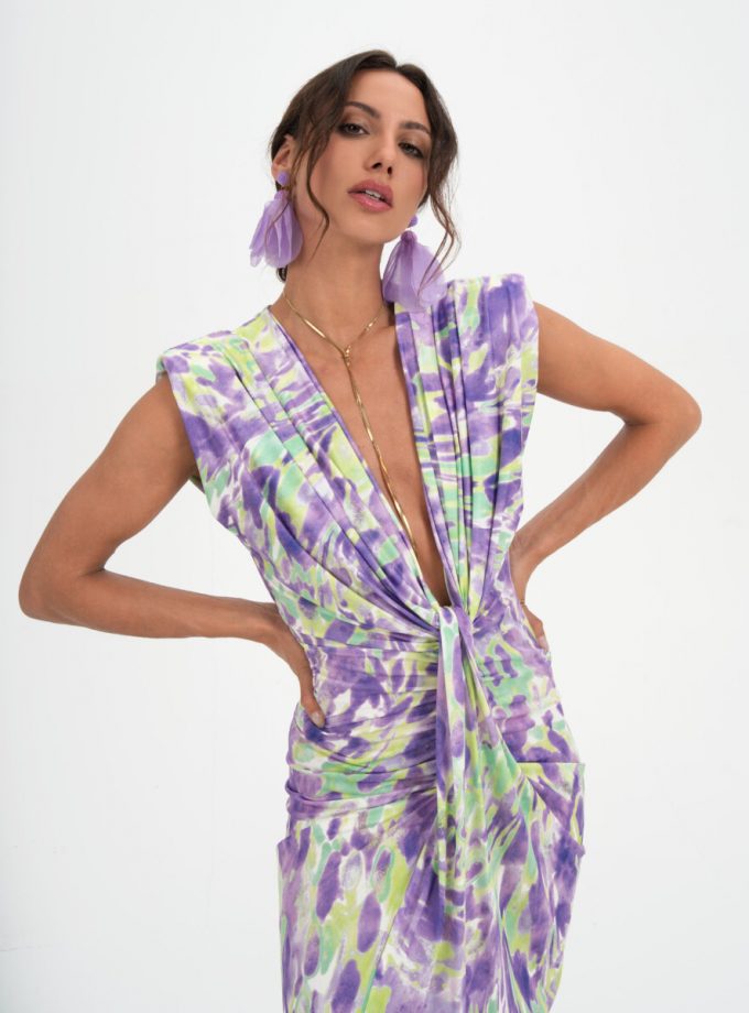 Vestido Seda Escote Nudo Estampado