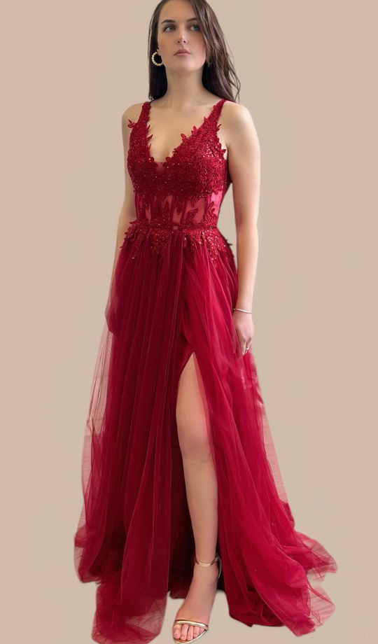 Vestido Tul Largo Corsé Abertura