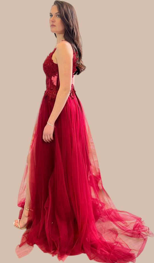 Vestido Tul Largo Corsé Abertura