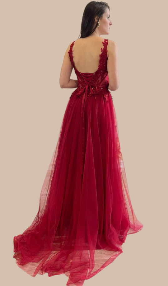 Vestido Tul Largo Corsé Abertura