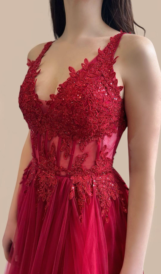 Vestido Tul Largo Corsé Abertura