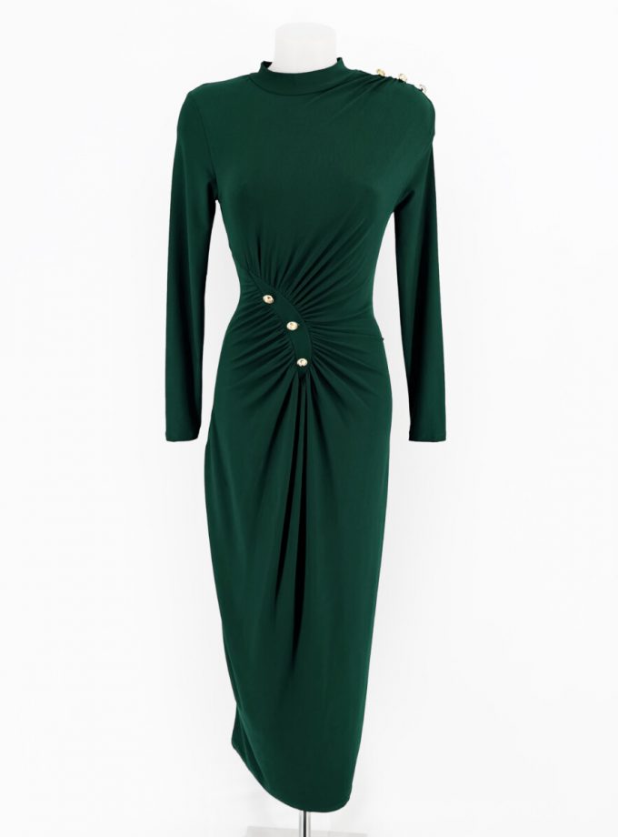 Vestido Drapeado Botones Largo