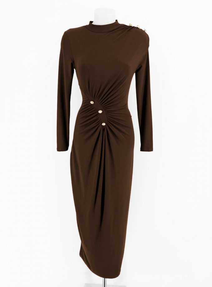 Vestido Drapeado Botones Largo