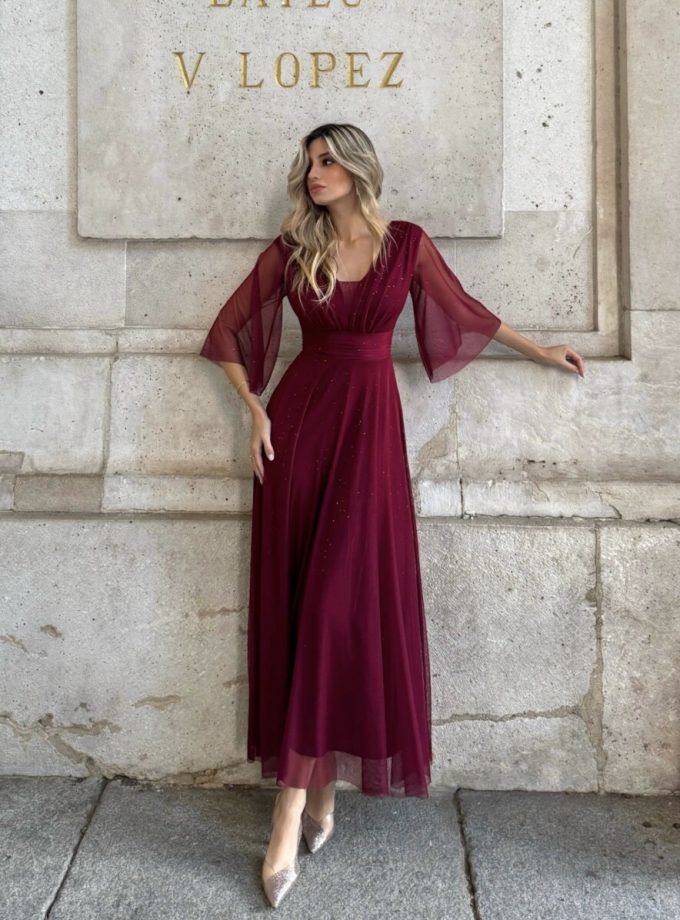 Vestido Tul Basic Manga Larga Brillos