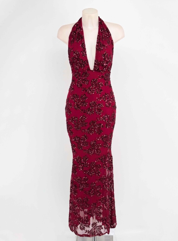 Vestido Lentejuelas Flores Atado Cuello