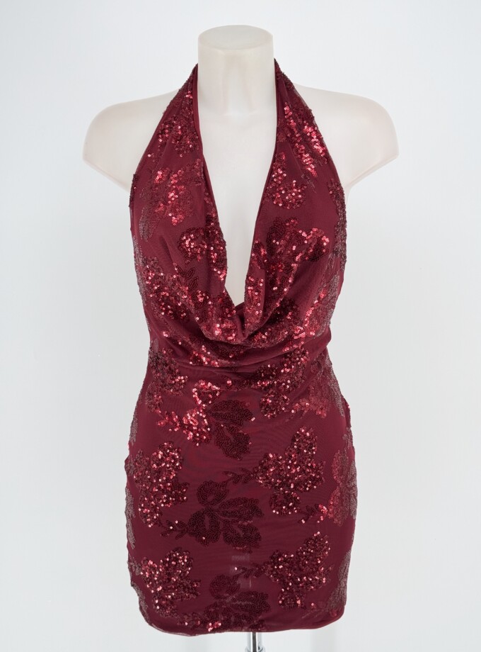 Vestido Lentejuelas Flores Escote Cascada