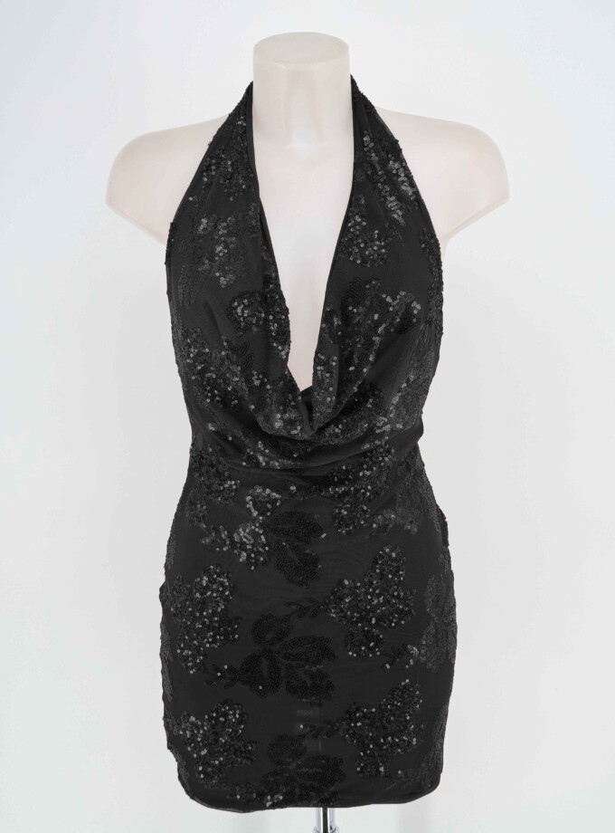 Vestido Lentejuelas Flores Escote Cascada