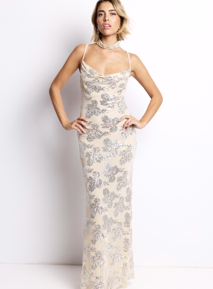 Vestido Lentejuelas Flores Largo