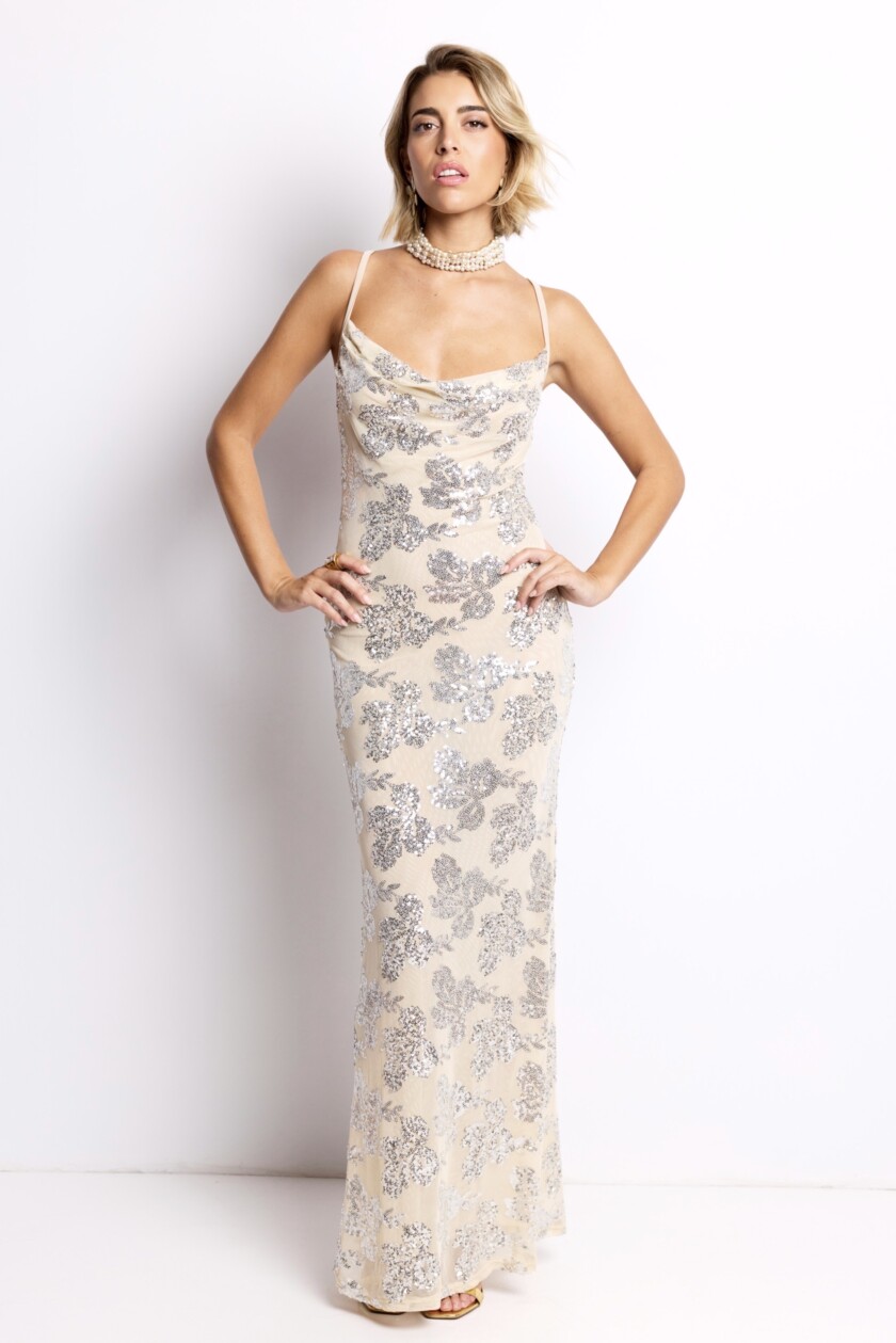 Vestido Lentejuelas Flores Largo