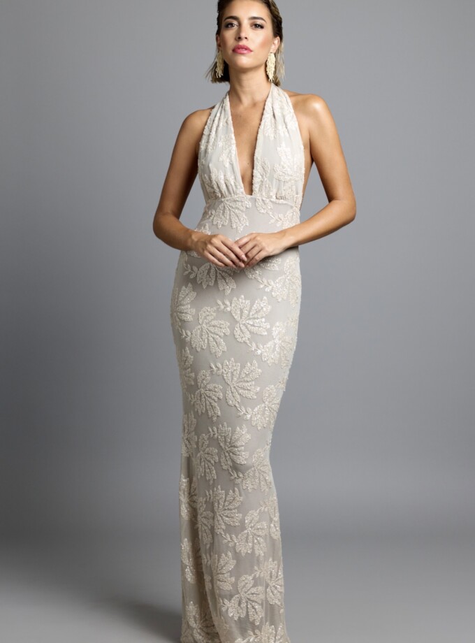 Vestido Lentejuelas Flores Atado Cuello