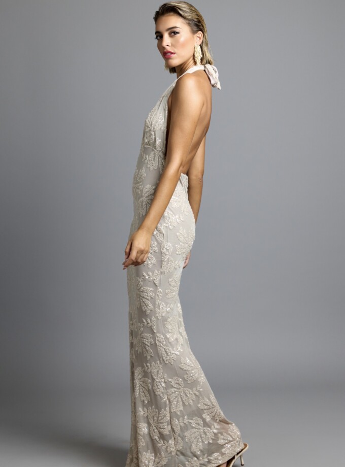 Vestido Lentejuelas Flores Atado Cuello