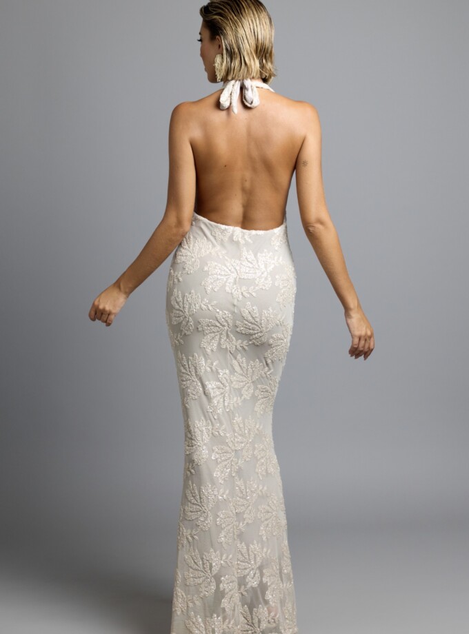 Vestido Lentejuelas Flores Atado Cuello